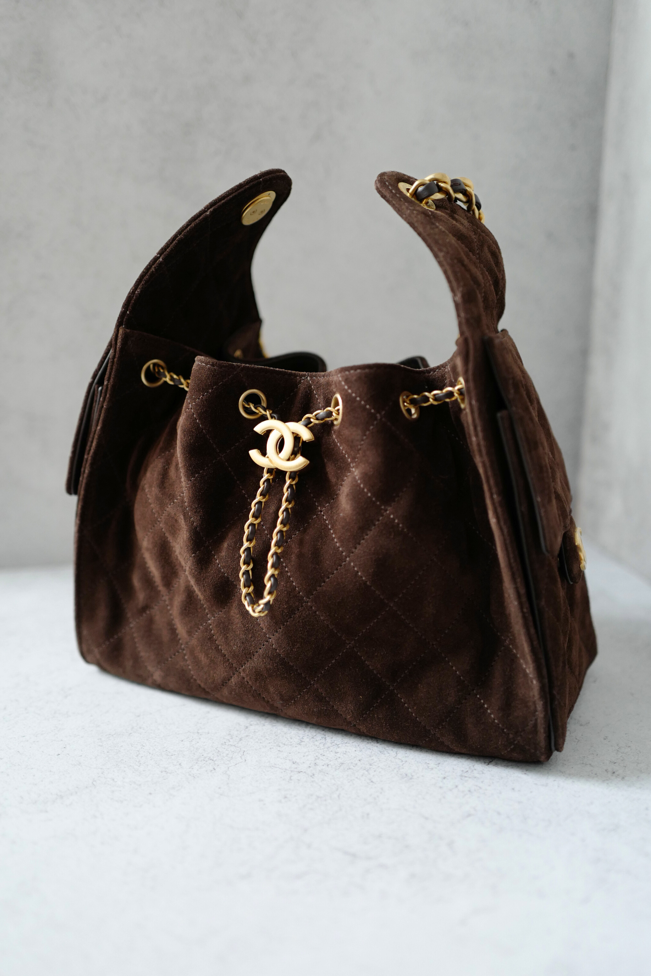 BNIB Chanel 26C Small Hobo Bag Dark Brown Suede with Gold Hardware