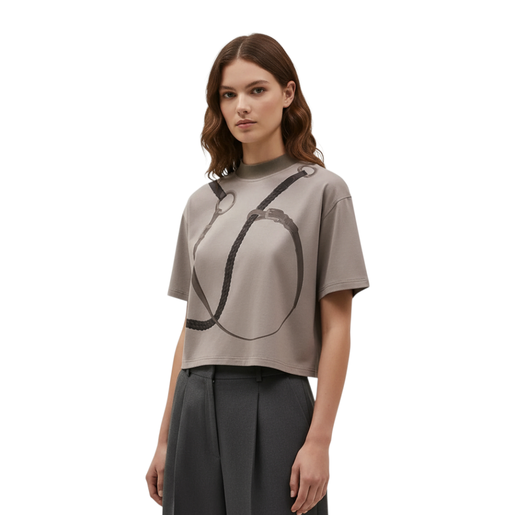 NEW Hermès "Coaching Remix" Boxy-fit T-shirt brun fumé - Size 36