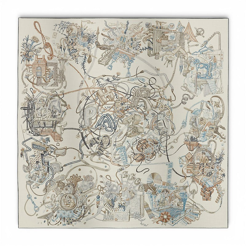 Hermès Le Monde d'Hermès Shawl 140 Cashmere Silk Scarf Blanc Ardoise Etoupe