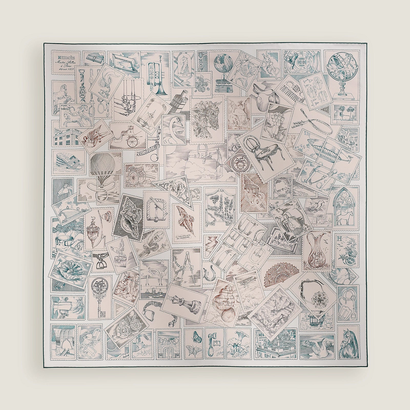 NEW Hermes Le Philateliste du Faubourg silk scarf 90 rose pâle / gris / blanc