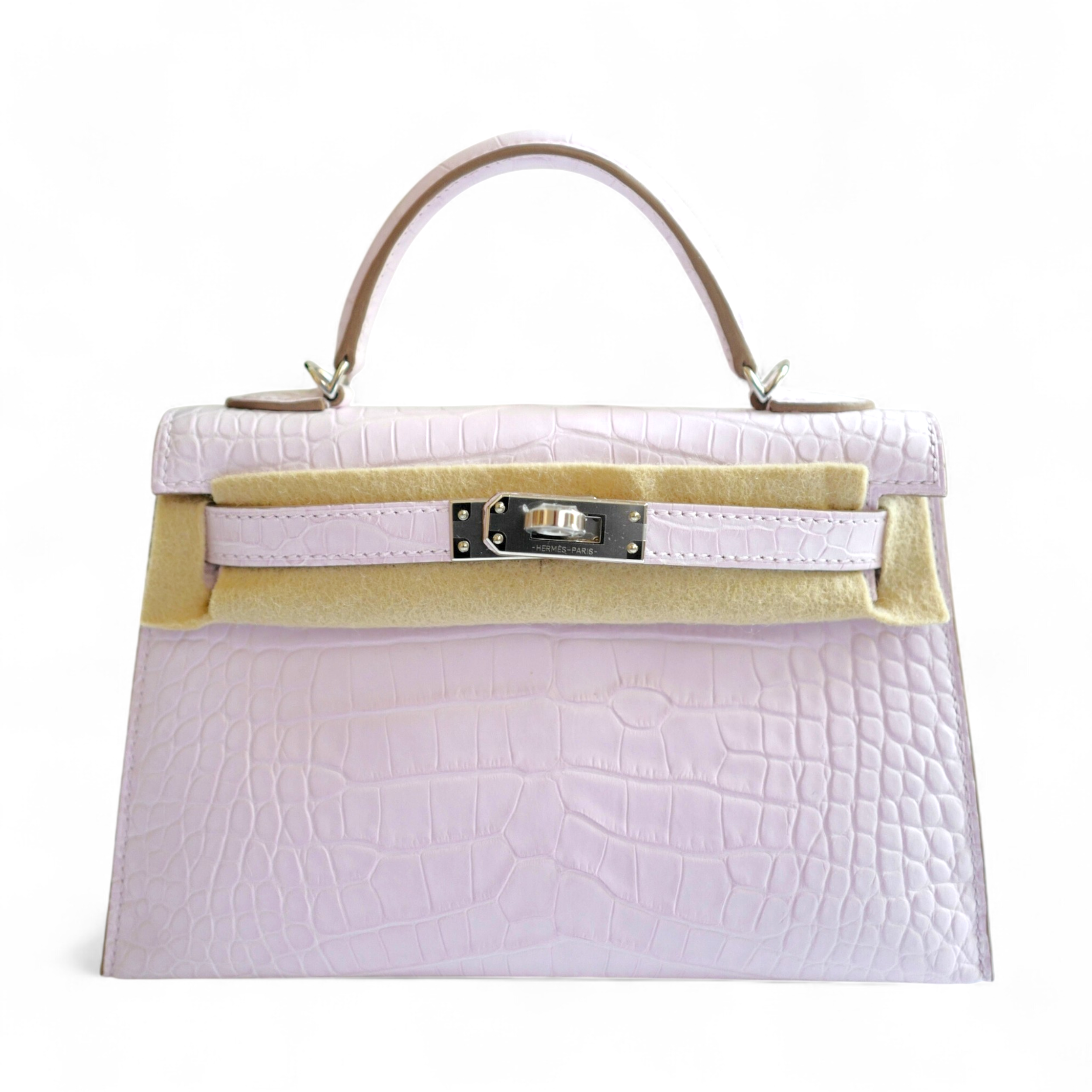 BNIB Hermès Mini Kelly 20 Mauve Pale Matte Alligator Palladium Hardware K Stamp 2025