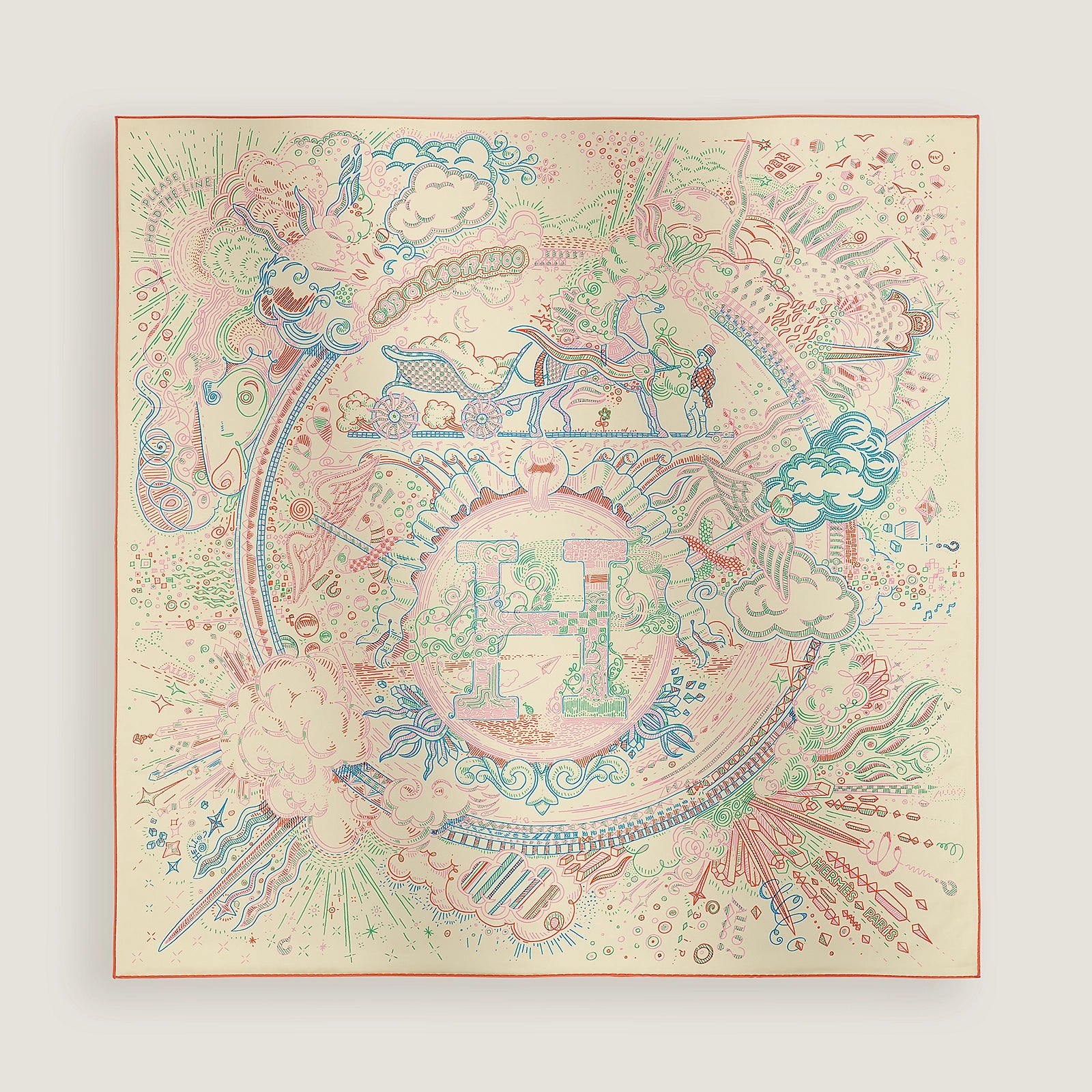 NEW Hermes Please Hold The Line Ac/Vanilla/Bleu 90 silk scarf