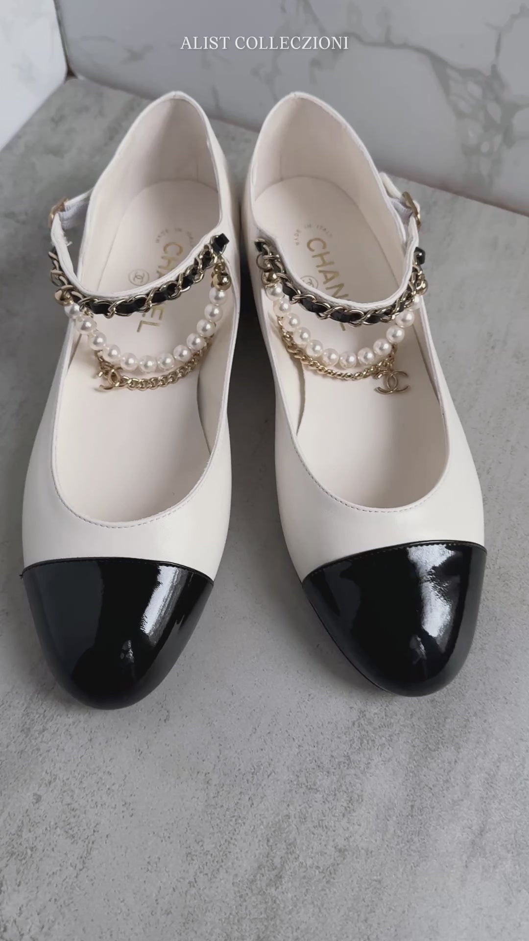CHANEL Mary Jane Black/White Lambskin Patent Leather Pearl Detail Size