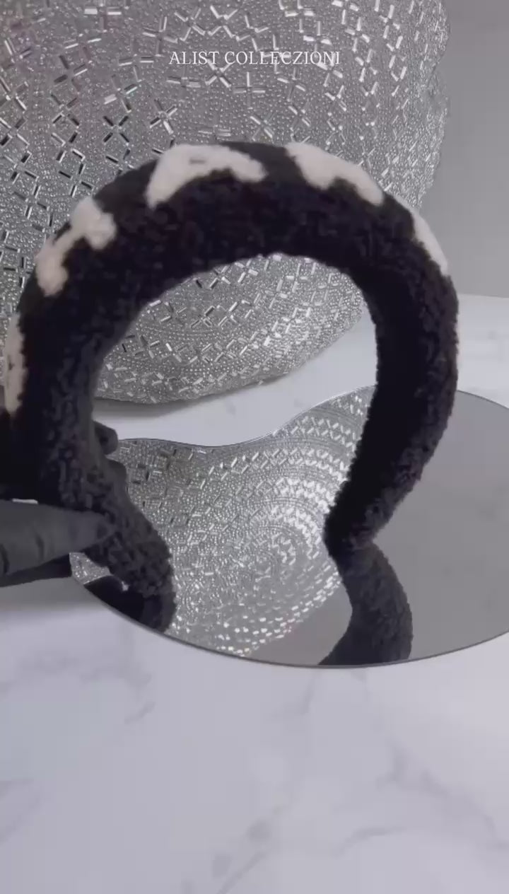NEW Chanel Headband Shearling Black Ecru Logo Hair Accessories