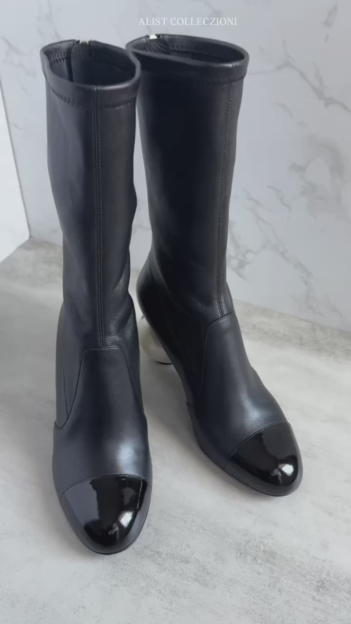 Chanel Boots Stretch Lambskin with Patent Calfskin Cap Toe Black 37.5