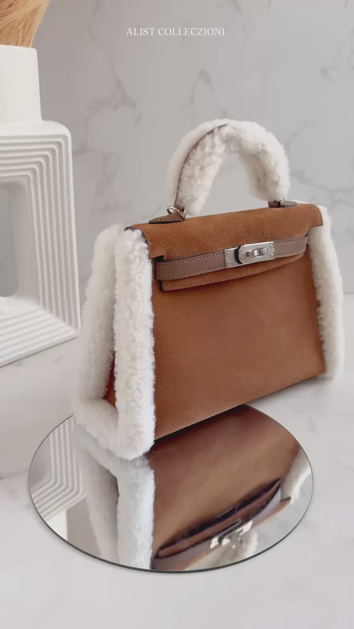 BNIB Hermès Mini Kelly Teddy Gold/Ecru/Alezan Shearling Suede Palladiu