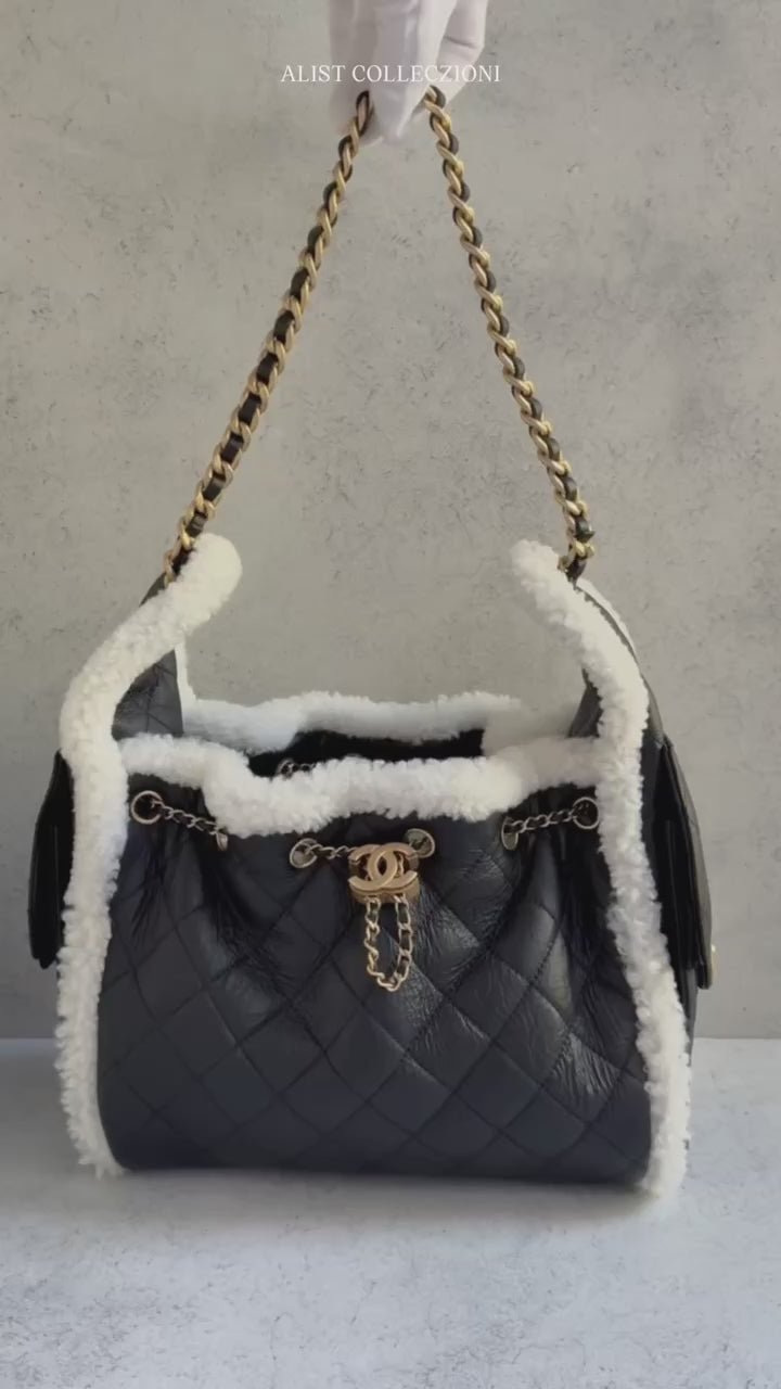 Chanel 25K Small Hobo Bag Black Calfskin with White Shearling Trim Gol