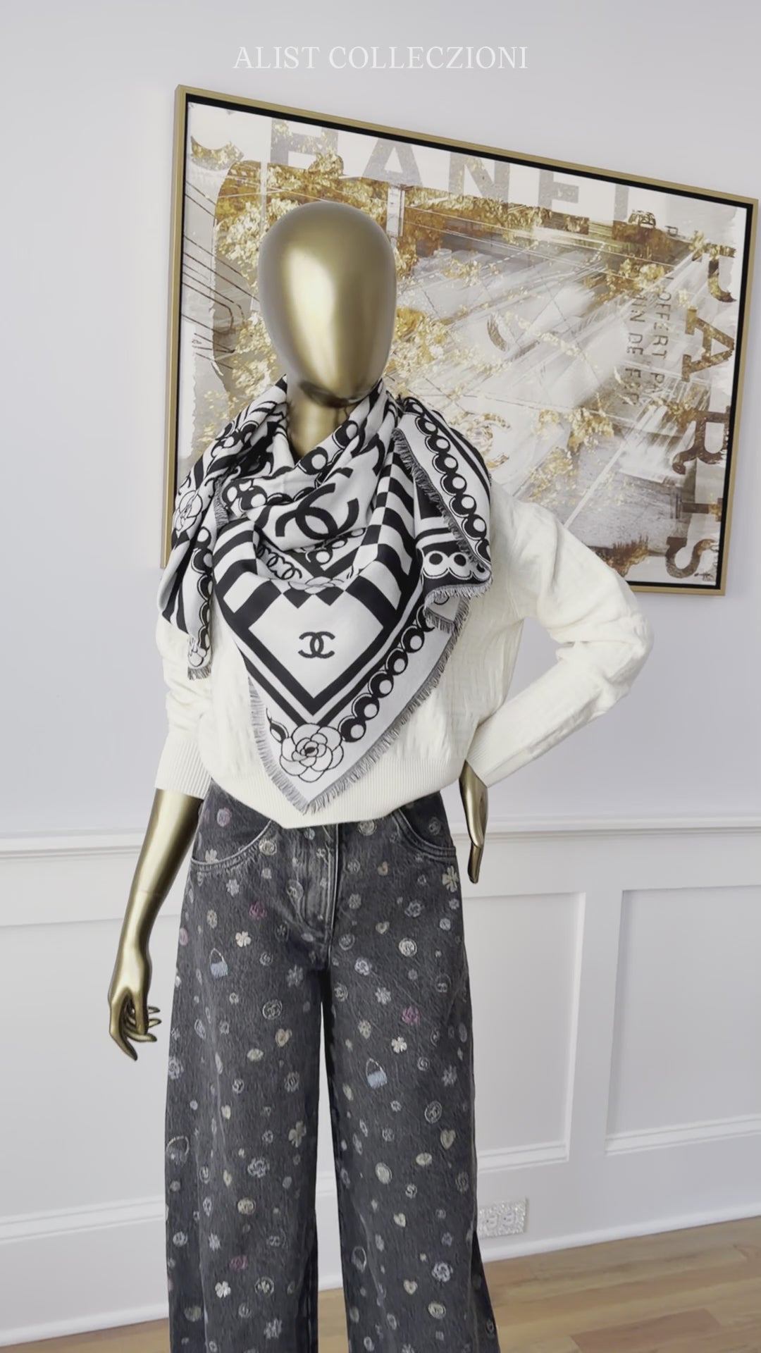 CHANEL 26C Black White Checkered Double CC Scarf Shawl