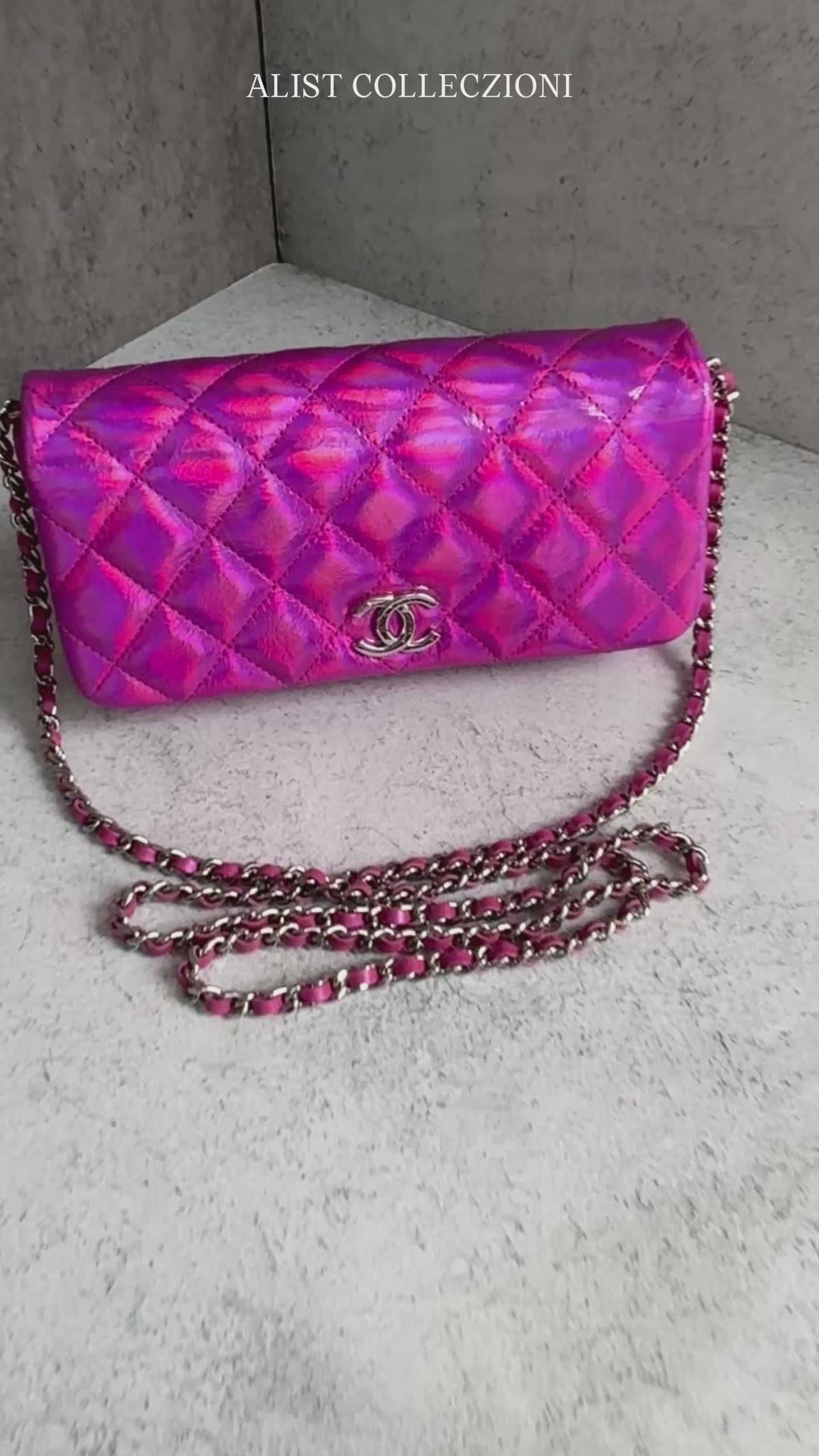 NEW Chanel Wallet on Chain Iridescent Mirror Goatskin Silver Fuchsia C