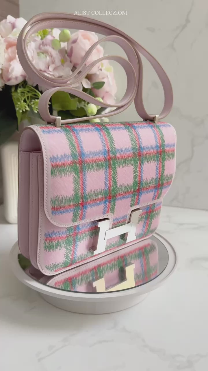 BNIB Hermès Constance 18 Mirror Tartan Pink Leather Shoulder Bag Palla