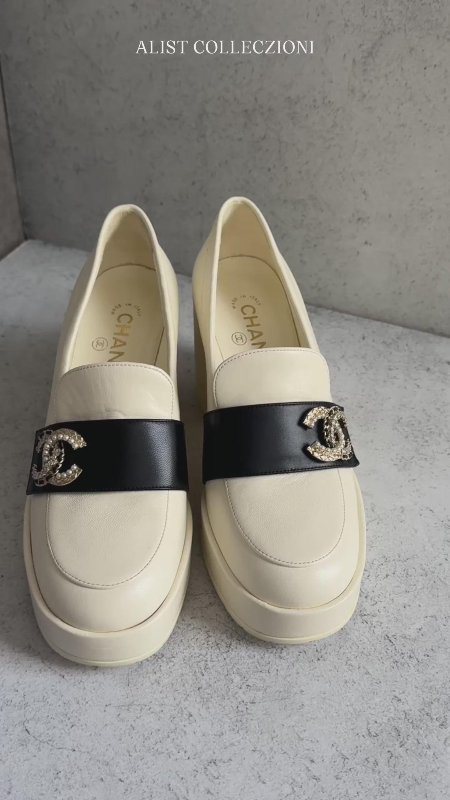 BNIB CHANEL 23C Ivory/Black Crystal CC Logo Moccasin Loafers 37.5