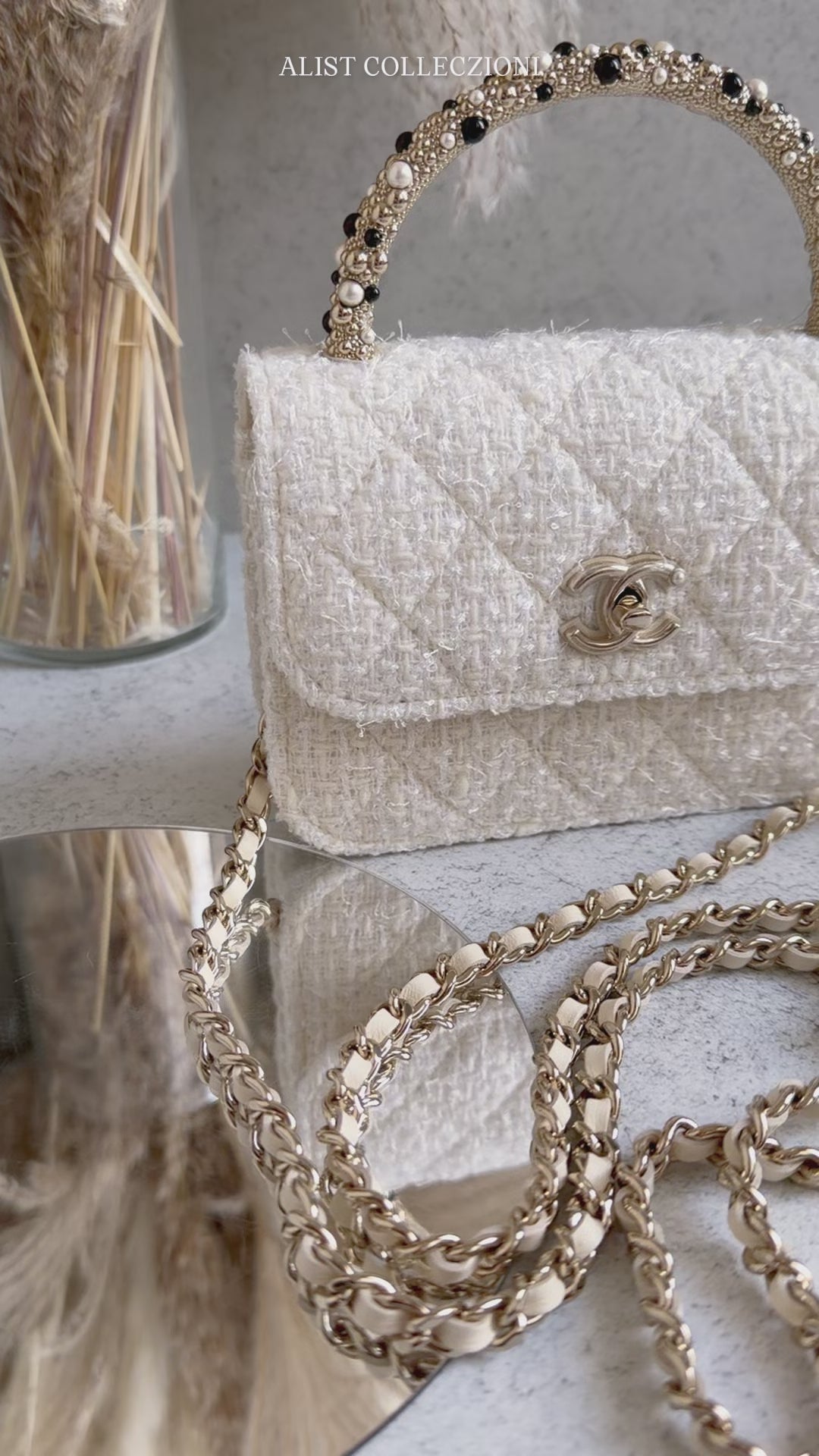 CHANEL 26C Top Handle Clutch With Chain in Tweed Pearl Ecru White Gold