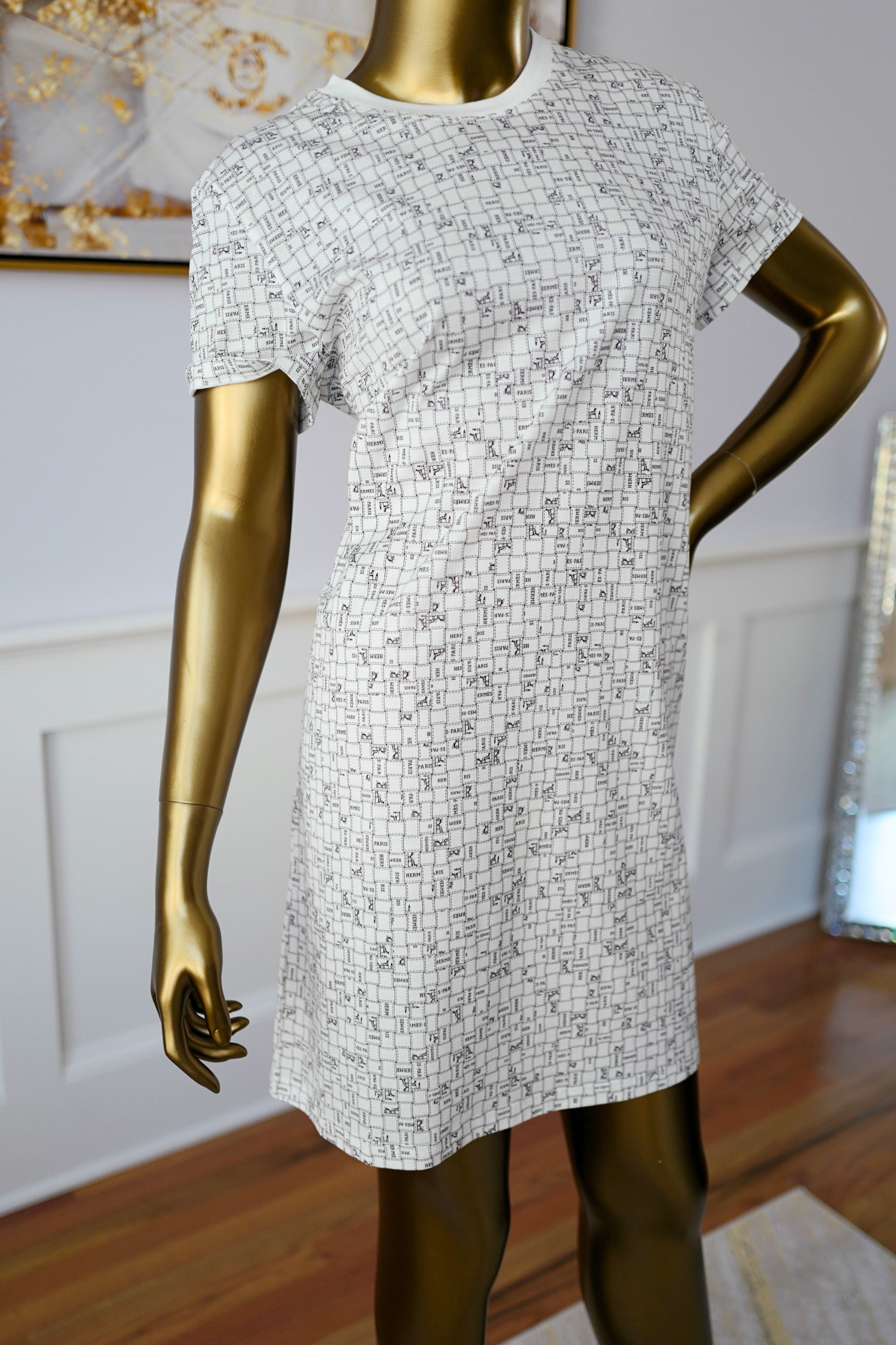 NEW Hermès Robe Droite Imprimée Bolduc au Carre Blanc Casse size 38