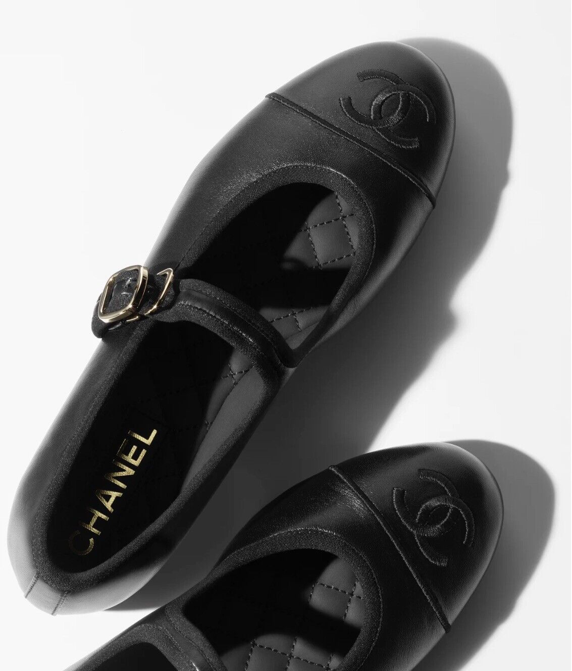 Chanel 24S Black Lambskin Leather Mary Janes Flats Logo With Strap Size 38