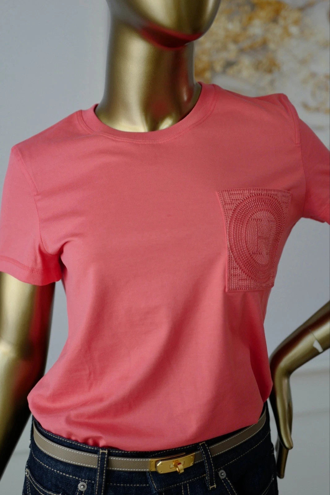 NEW Hermes Embroidered Pocket Straight T-shirt Vermillion Rose size 36