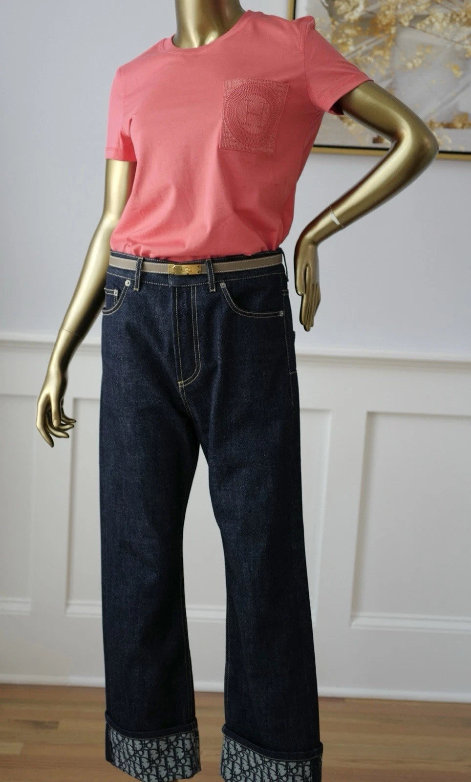 NEW Hermes Embroidered Pocket Straight T-shirt Vermillion Rose size 36
