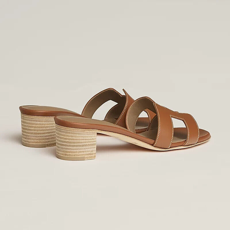 Hermes Oasis Sandal in Brown Gold Calfskin - Gold Size 38