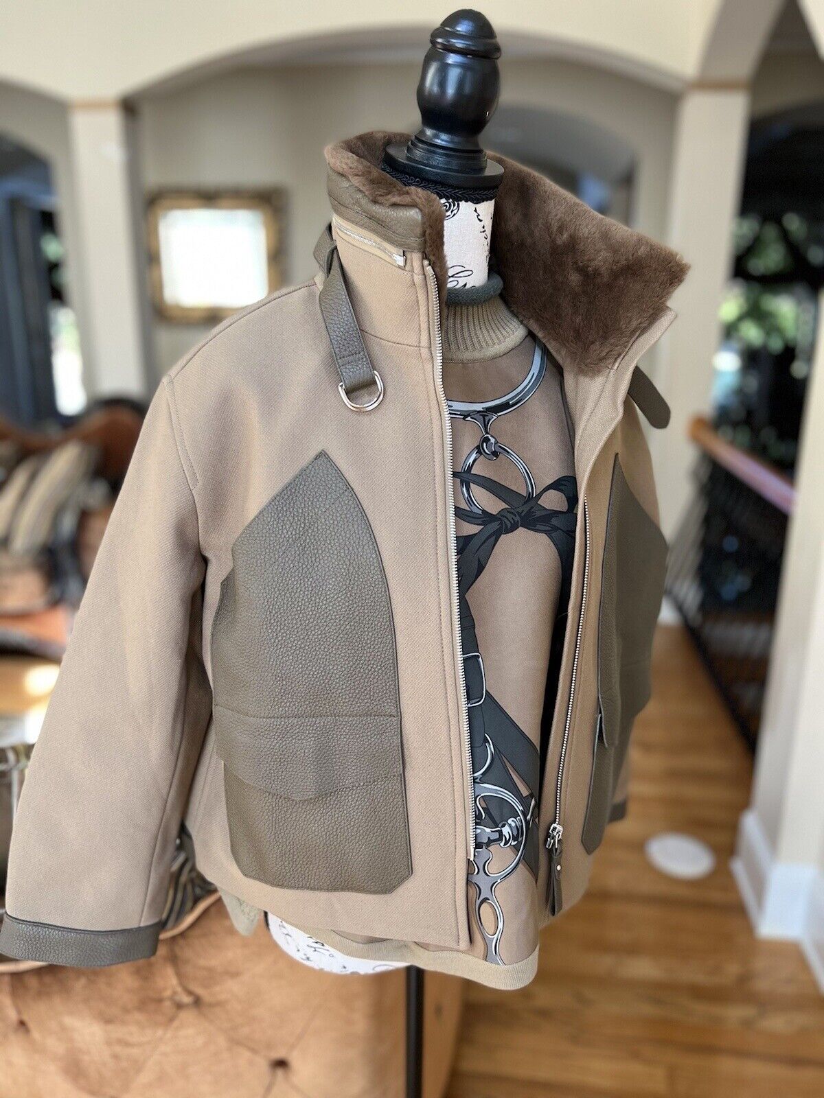 Hermes Jacket Paletot inspiration Aviateur vert gobi size 34 leather & Fur $9K