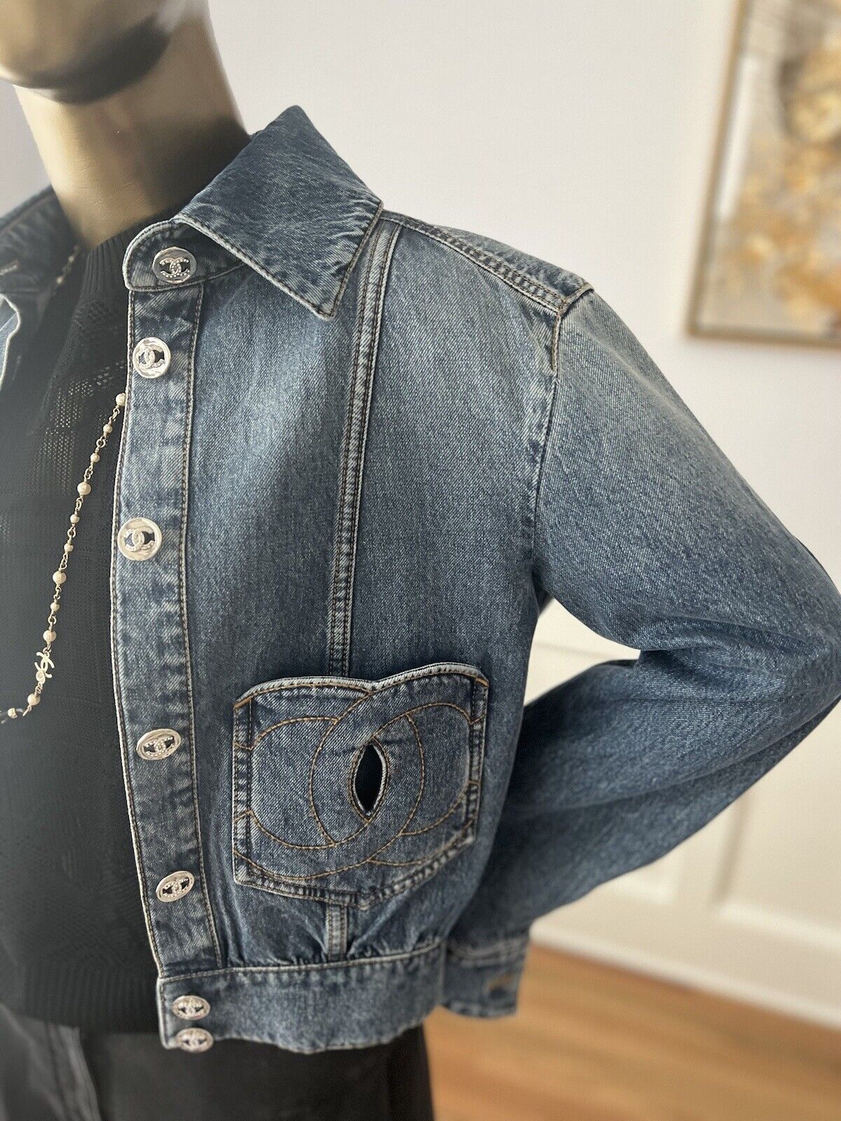 NEW Chanel 24P Blue Jeans Denim Jacket CC Logo Size 36