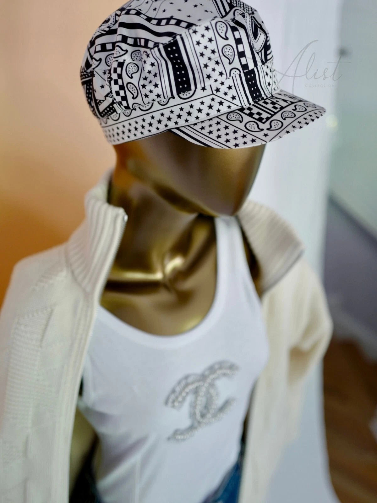 NEW Hermes Women's Deauville Cap Zigzag Printed Silk in Noir 57