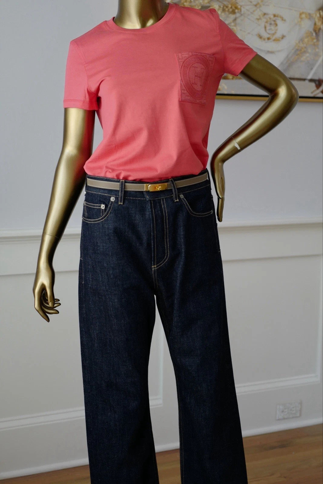 NEW Hermes Embroidered Pocket Straight T-shirt Vermillion Rose size 36