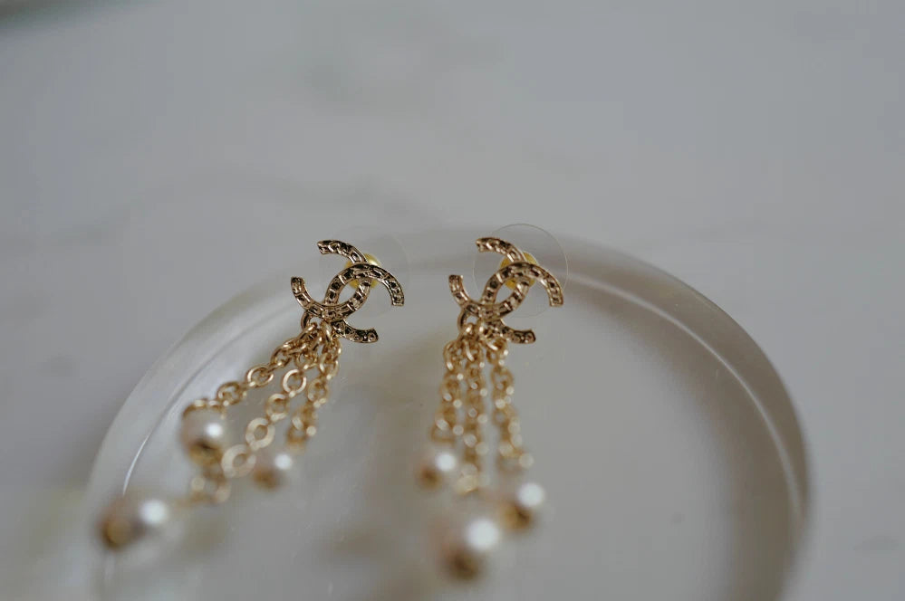 Chanel 25B Drop CC Logo Tassel with Pearls Earrings BNIB