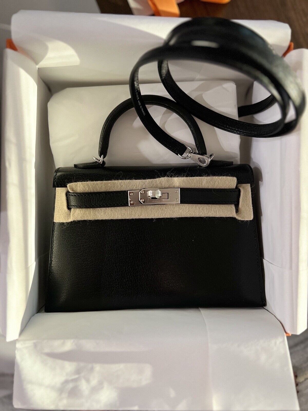 Hermes Mini kelly 20 Noir Black Chevre Palladium HW