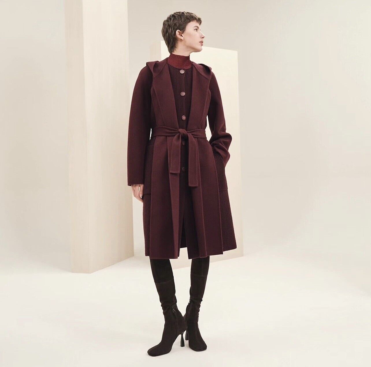 NEW Hermes Hooded Coat With Mesh Detail Runway FW23/34 Rouge Amarante 34 $10K