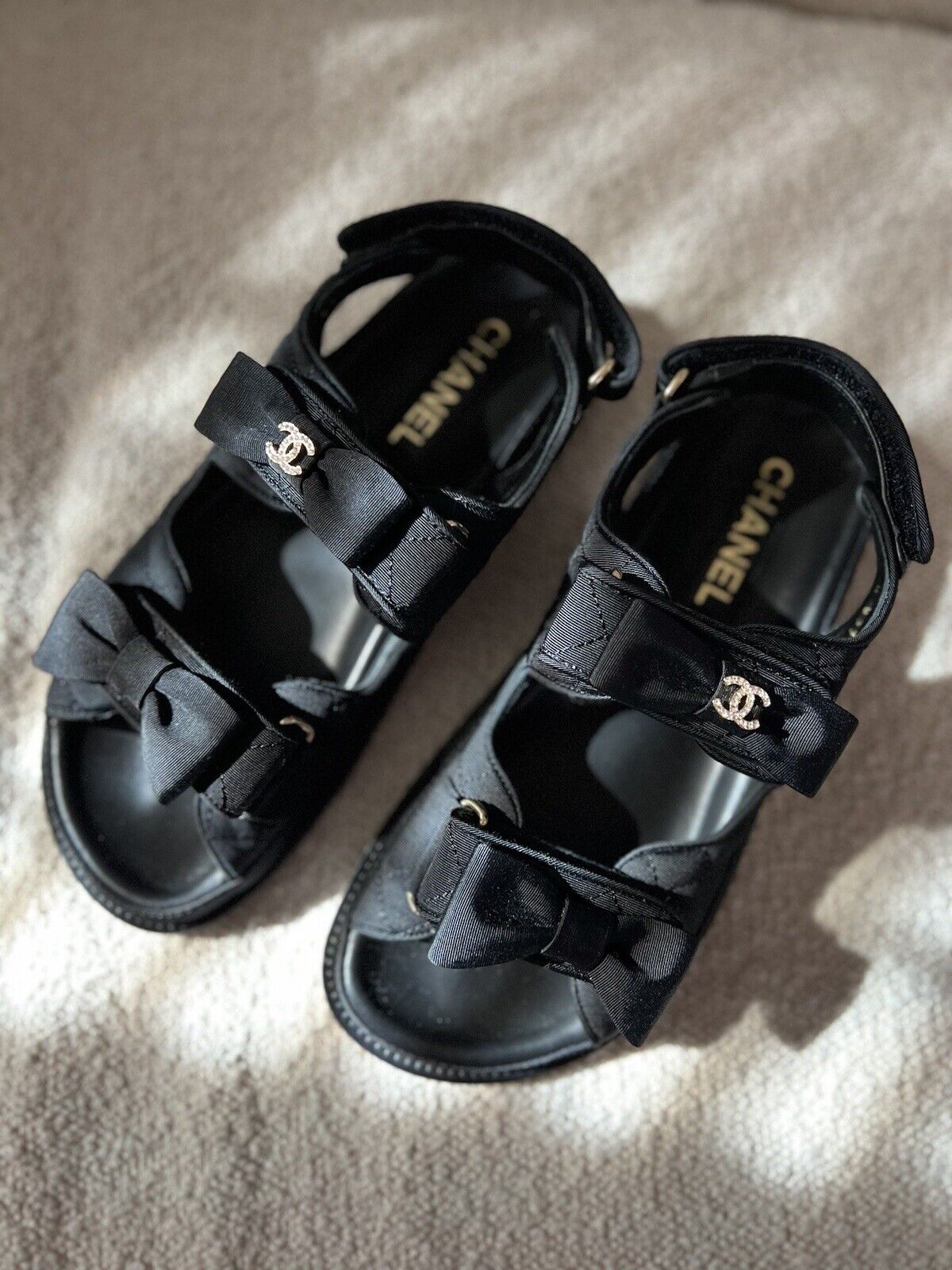 BNIB Chanel Dad Sandal CC Crystals In Black With Bows Size 38 - Limited