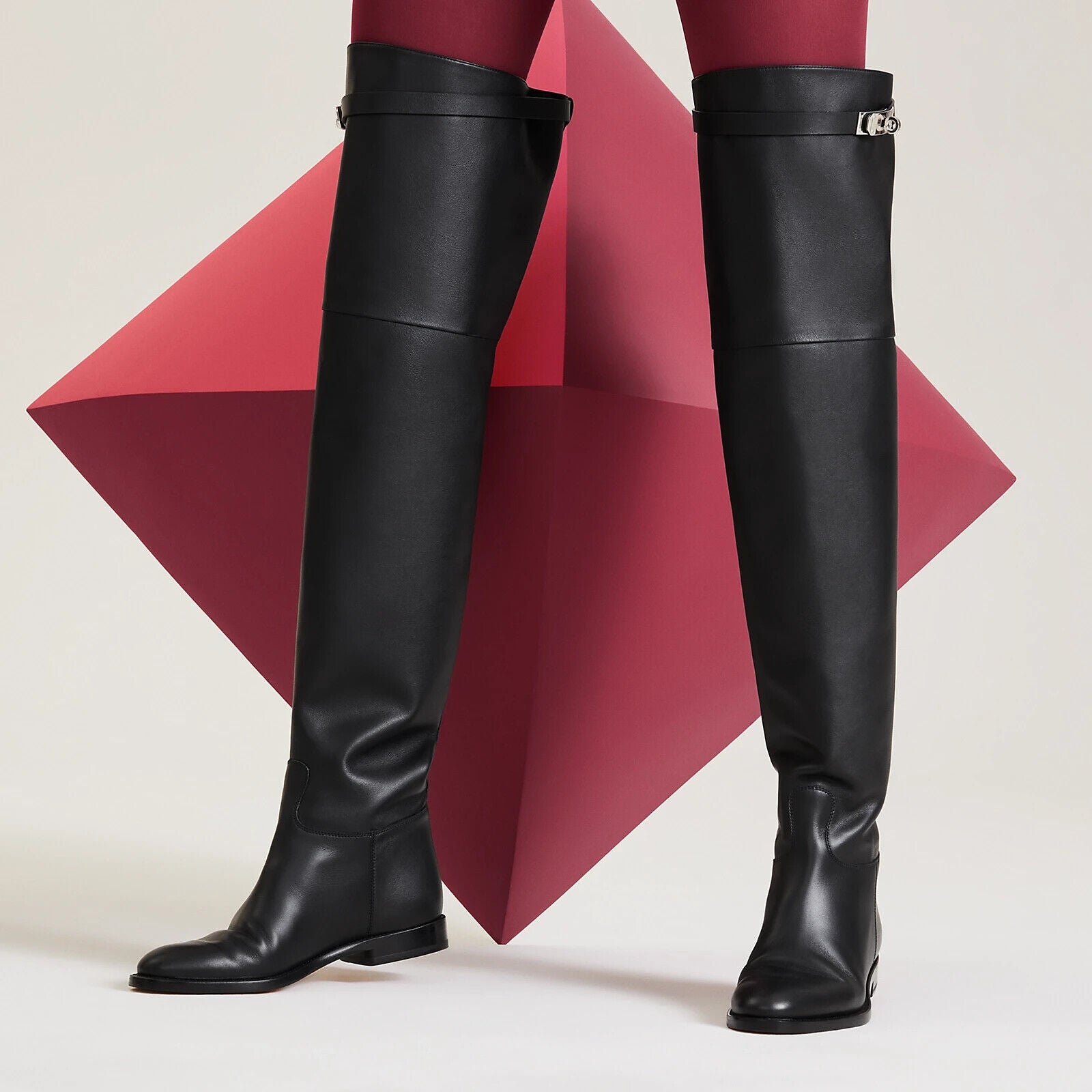 Hermes Calfskin Thigh High Boots in Black With Palladium Kelly Buckle Size 38