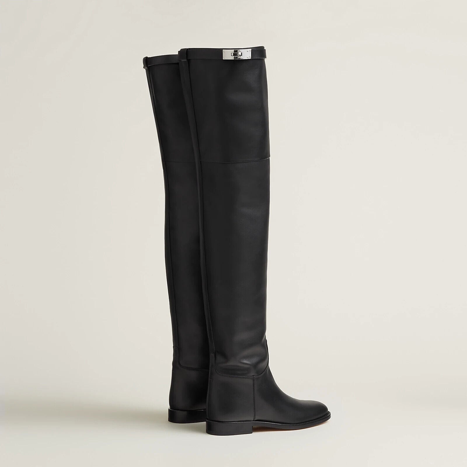 Hermes Calfskin Thigh High Boots in Black With Palladium Kelly Buckle Size 38