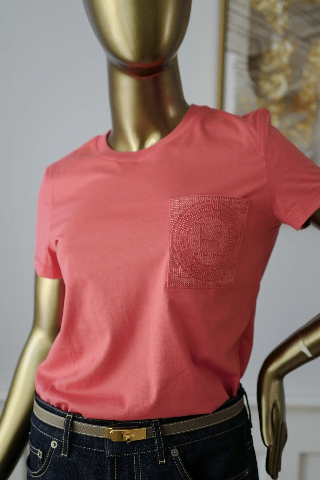 NEW Hermes Embroidered Pocket Straight T-shirt Vermillion Rose size 36