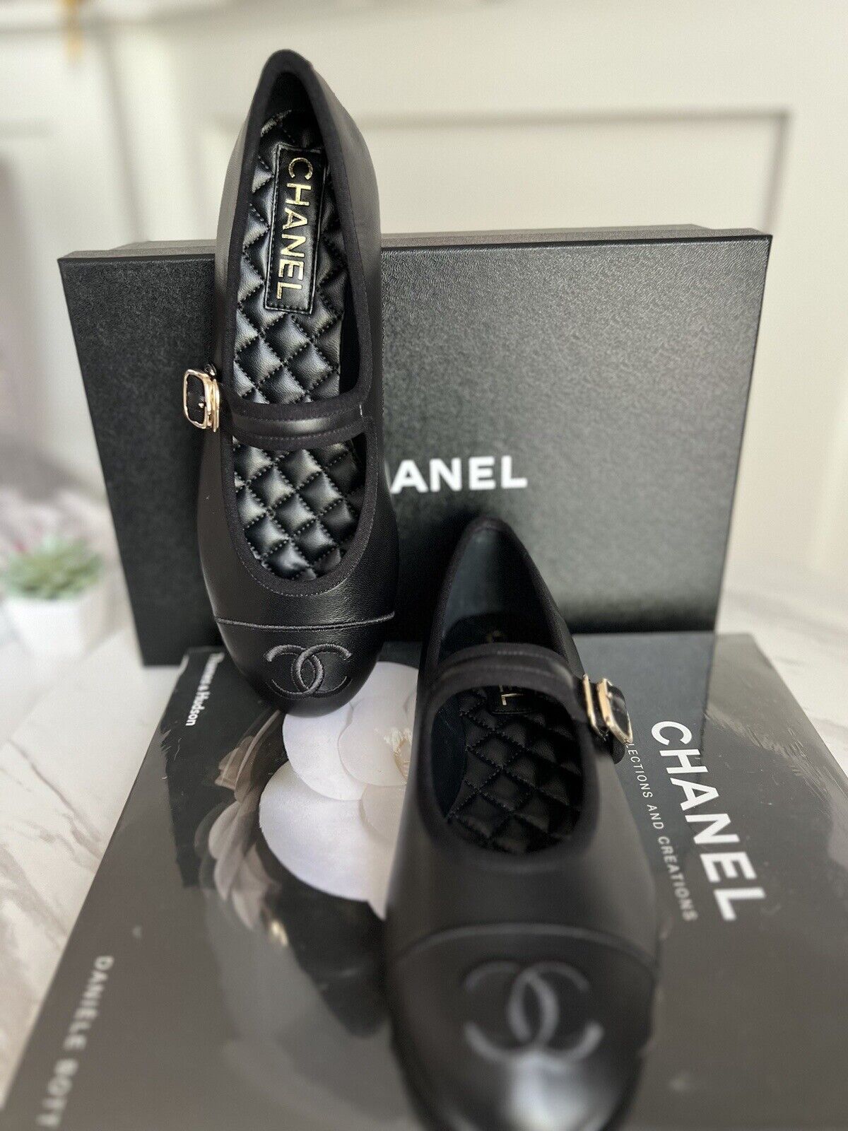 Chanel 24S Black Lambskin Leather Mary Janes Flats Logo With Strap Size 38