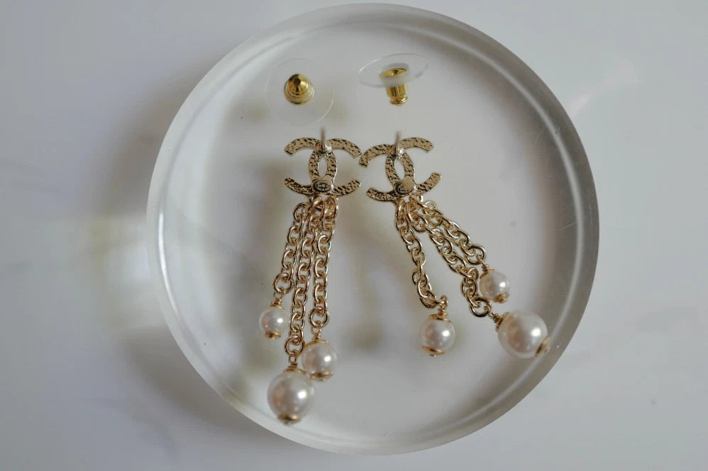 Chanel 25B Drop CC Logo Tassel with Pearls Earrings BNIB