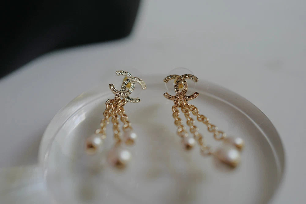 Chanel 25B Drop CC Logo Tassel with Pearls Earrings BNIB