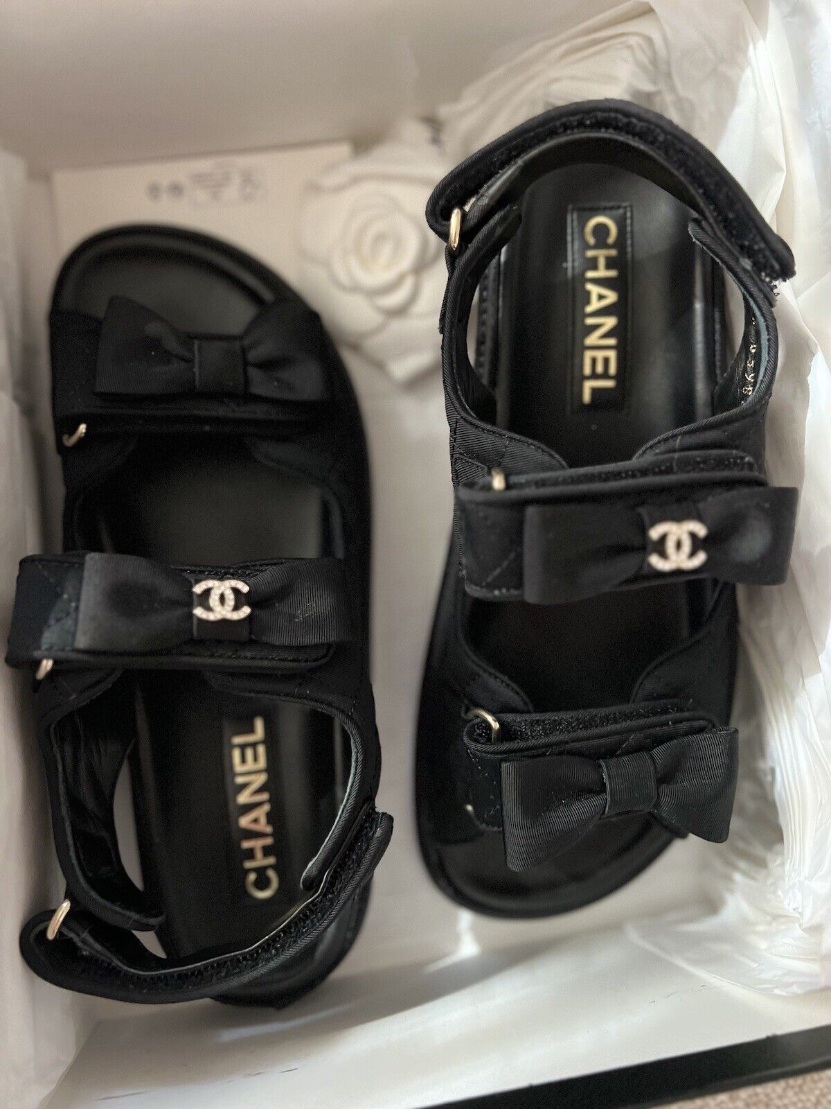 BNIB Chanel Dad Sandal CC Crystals In Black With Bows Size 38 - Limited