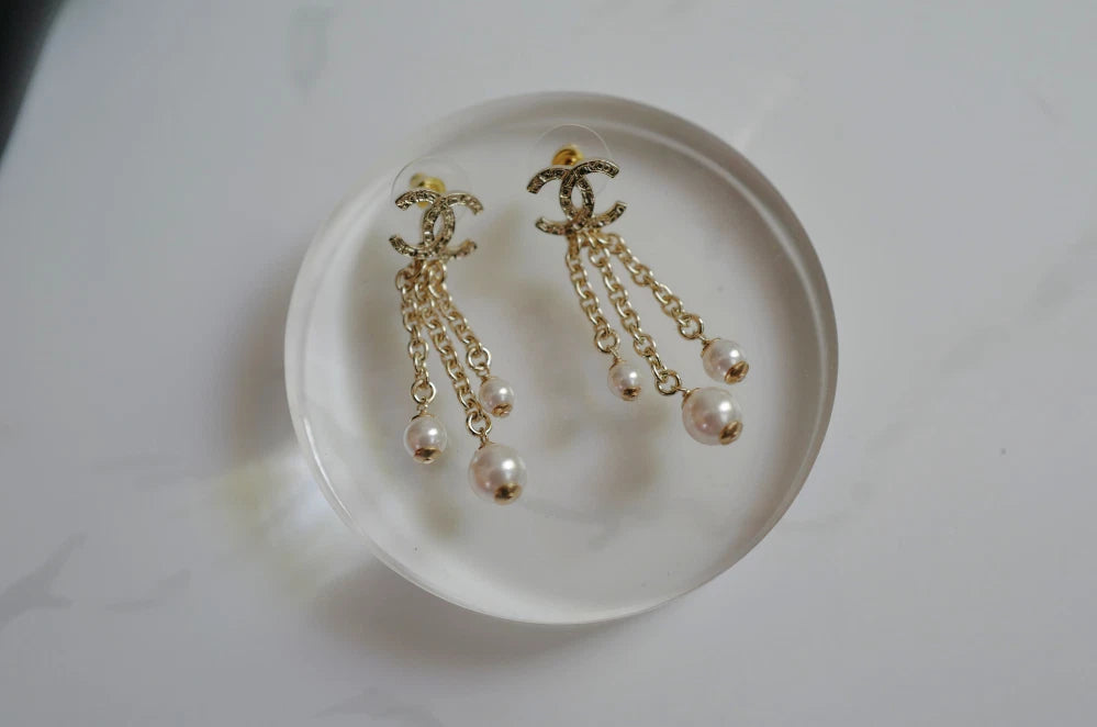 Chanel 25B Drop CC Logo Tassel with Pearls Earrings BNIB
