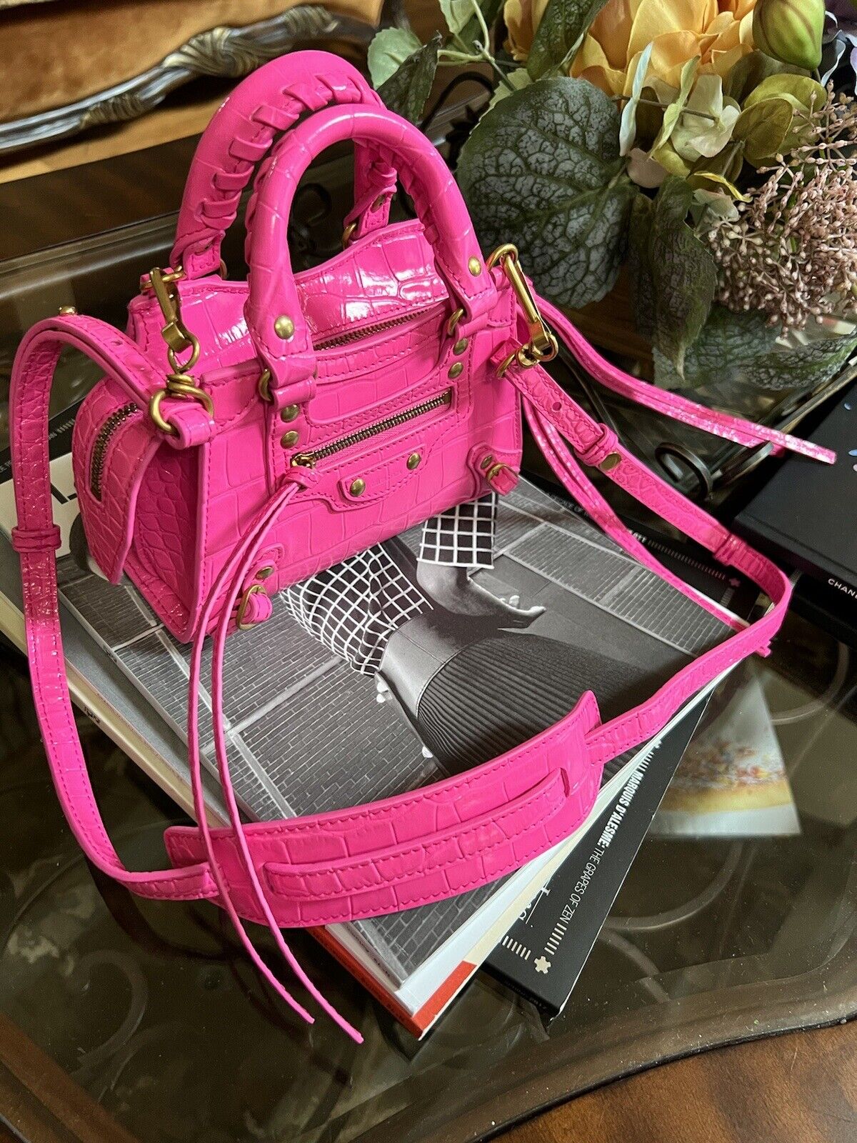 Balenciaga Neo Classic Nano Size In Bright Pink Croco Leather