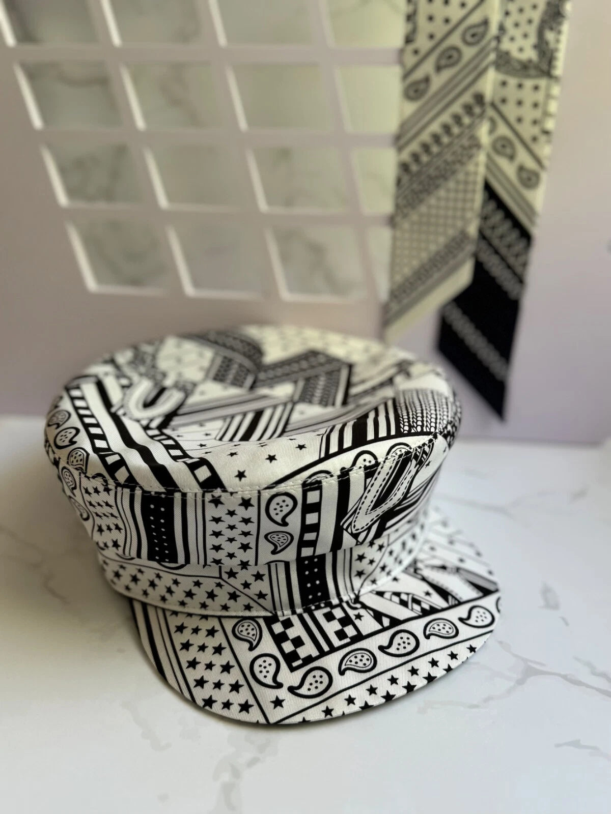 NEW Hermes Women's Deauville Cap Zigzag Printed Silk in Noir 57