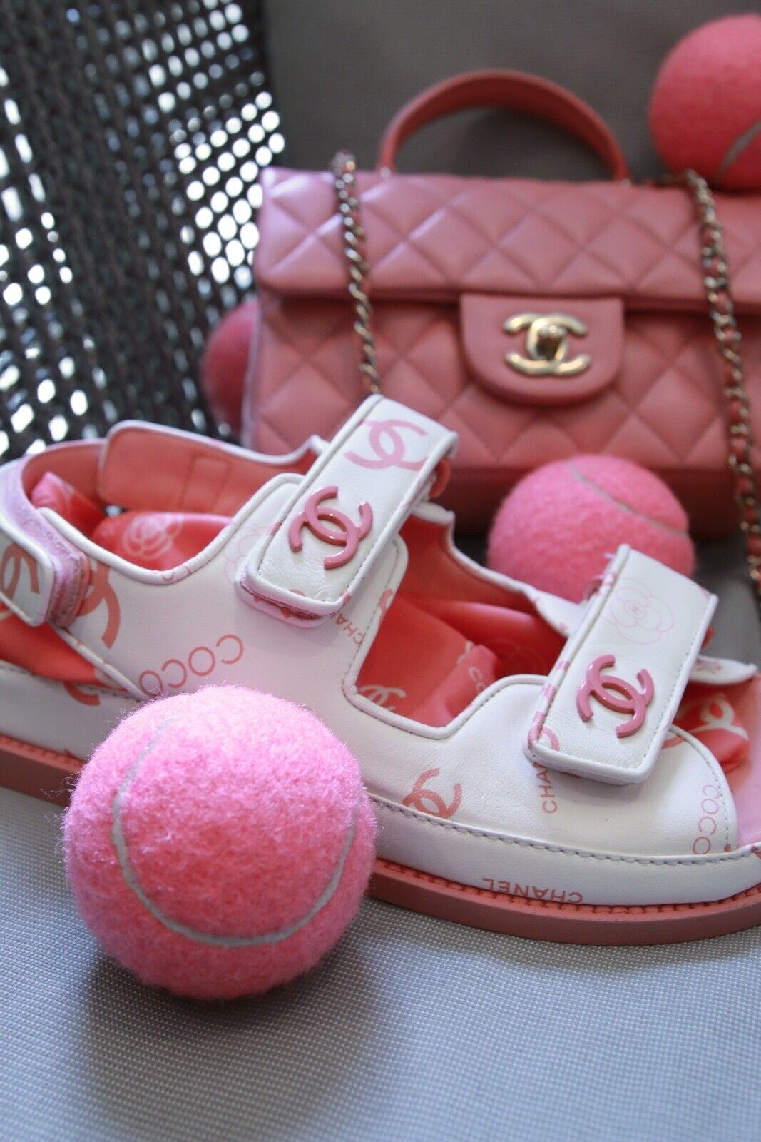 BNIB Chanel Dad Sandal 23A Monogram CC Logo In White/Pink Pink CC Logo Socks