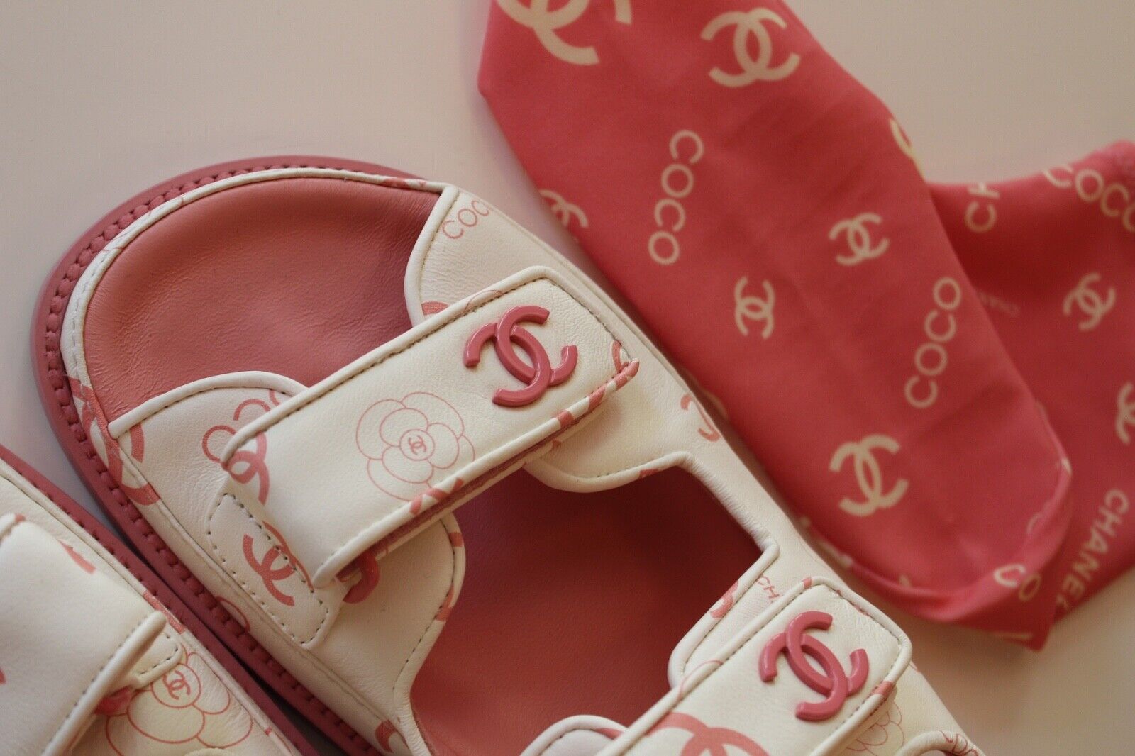 BNIB Chanel Dad Sandal 23A Monogram CC Logo In White/Pink Pink CC Logo Socks