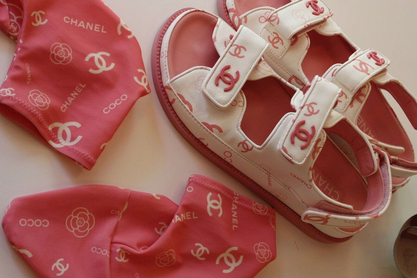 BNIB Chanel Dad Sandal 23A Monogram CC Logo In White/Pink Pink CC Logo Socks