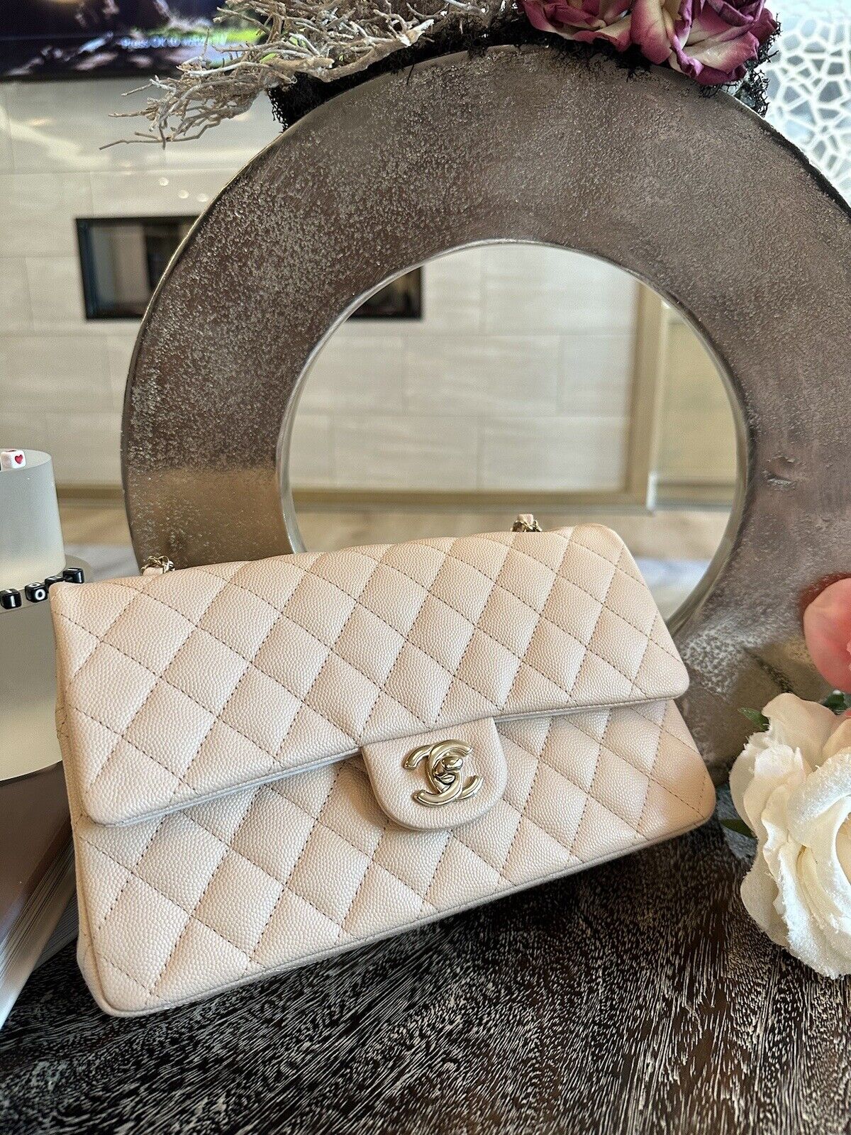 BNIB Chanel Medium Classic Double Flap Bag Beige Clair Caviar Gold Hardware