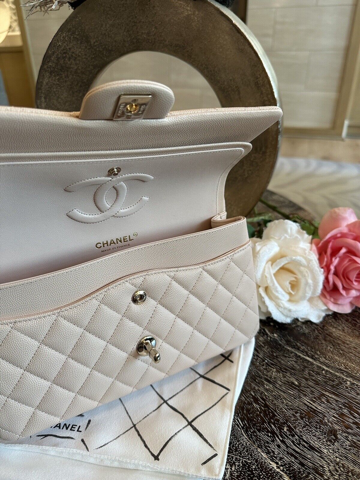 BNIB Chanel Medium Classic Double Flap Bag Beige Clair Caviar Gold Hardware