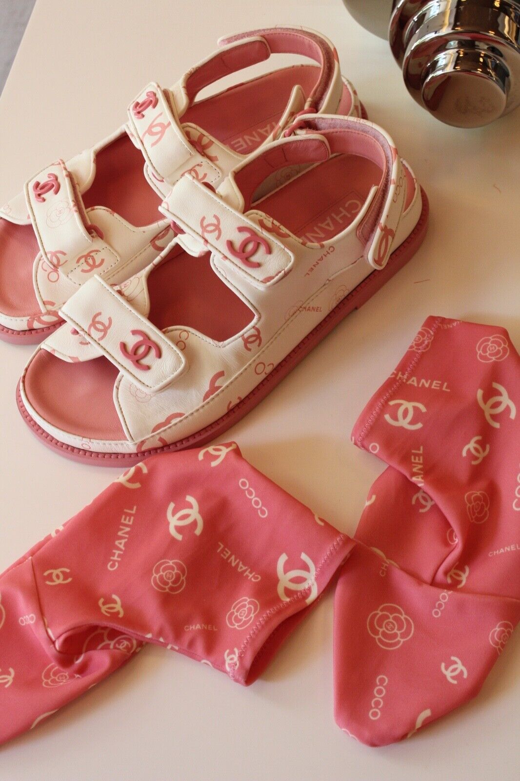 BNIB Chanel Dad Sandal 23A Monogram CC Logo In White/Pink Pink CC Logo Socks