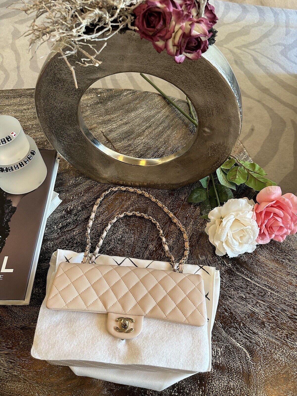 BNIB Chanel Medium Classic Double Flap Bag Beige Clair Caviar Gold Hardware