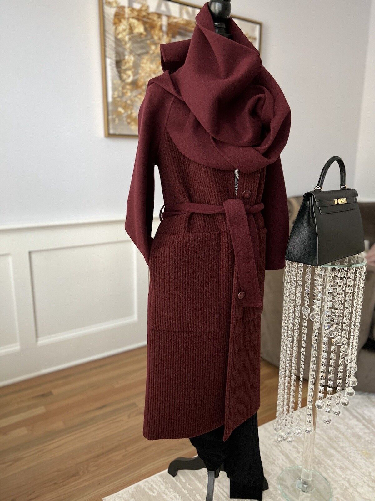 NEW Hermes Hooded Coat With Mesh Detail Runway FW23/34 Rouge Amarante 34 $10K