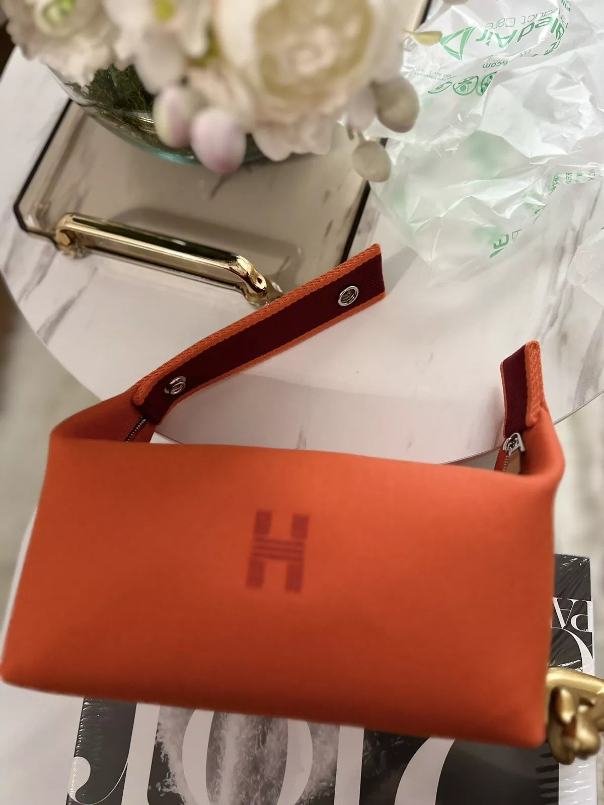 NEW HERMES BRIDE A BRAC PM Case Feu Orange COLOR Small Model Pouch / Vanity