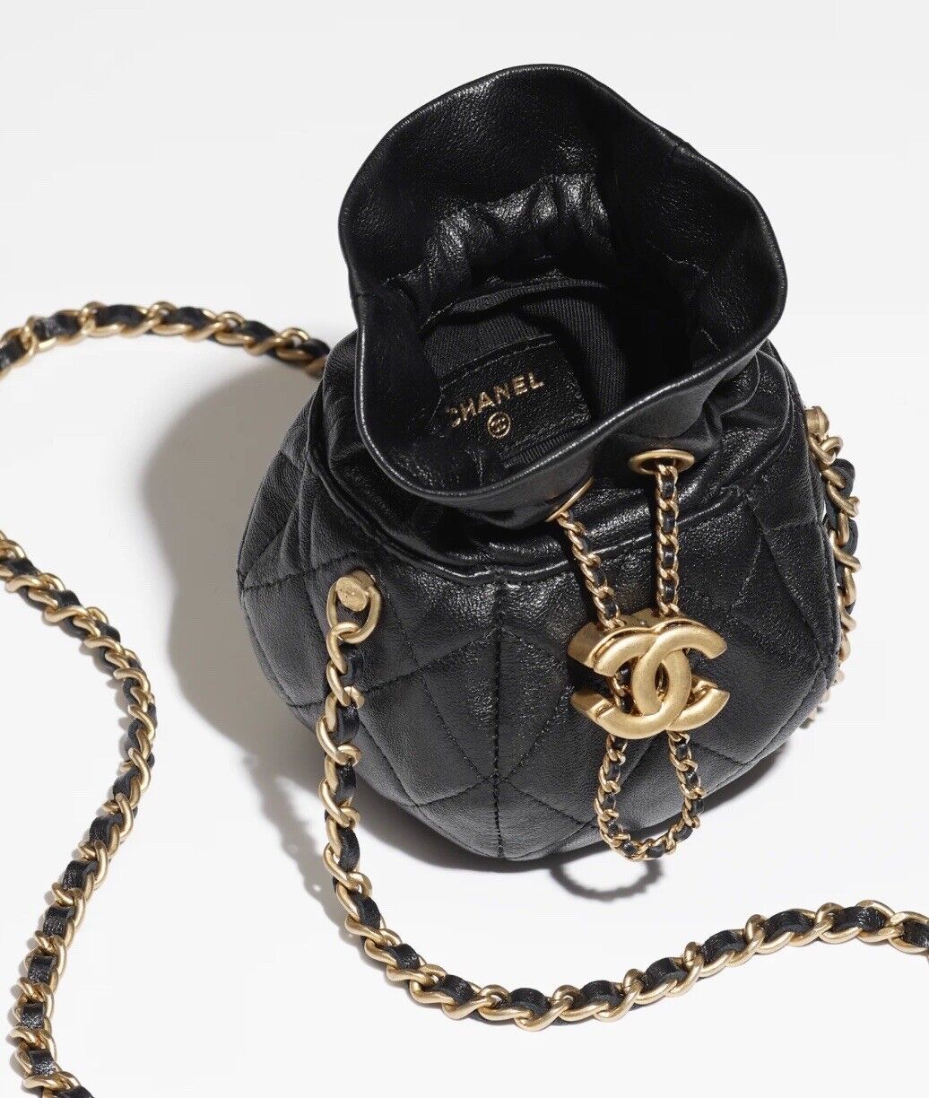 BNIB Chanel 23S Black Shiny Lambskin Clutch with Chain in Gold Hardware