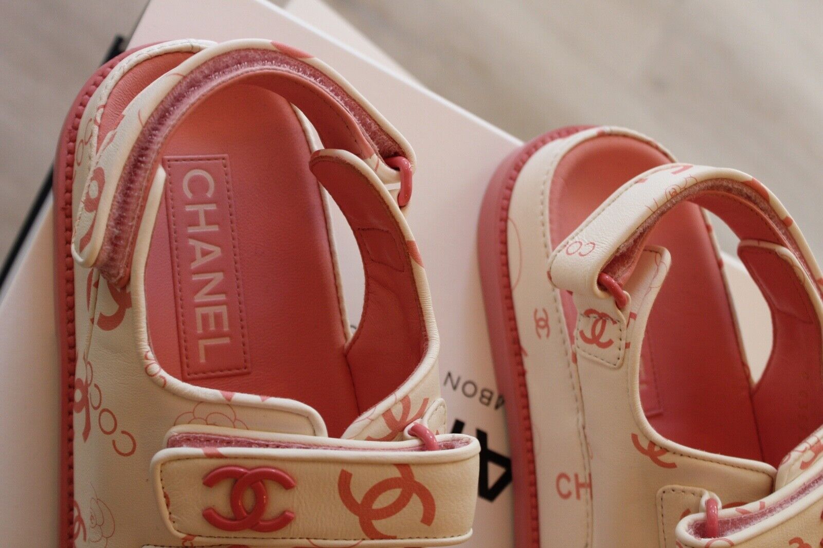 BNIB Chanel Dad Sandal 23A Monogram CC Logo In White/Pink Pink CC Logo Socks